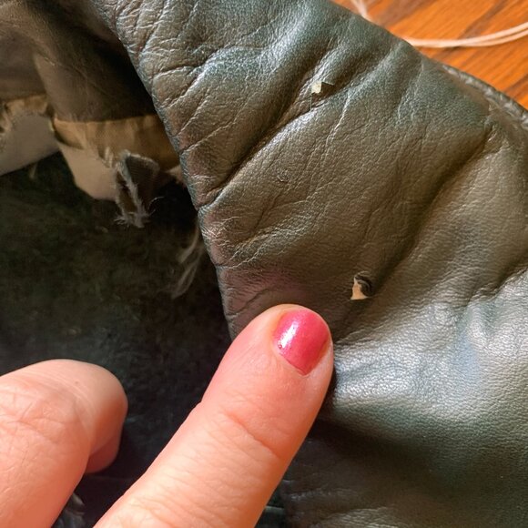 VTG Dark Green Genuine Leather Coat Jacket Sz S Fitted Pockets Unlined *Flawed* - Picture 5 of 8